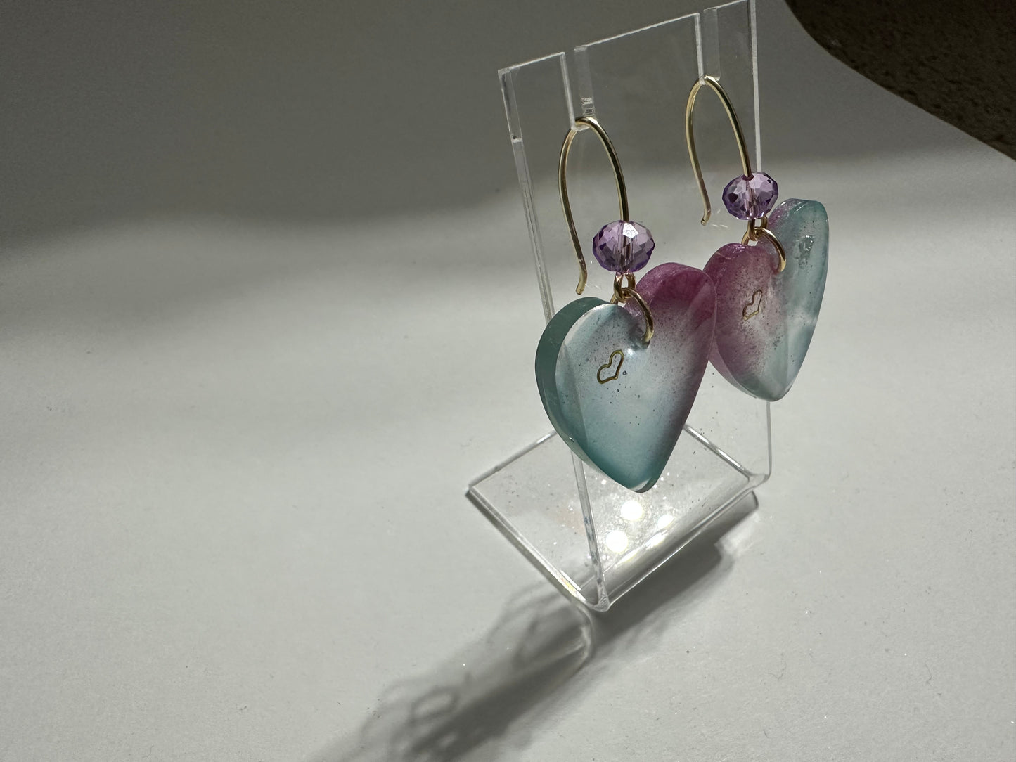 Heart Charm Resin Earrings with Purple Crystal Accent