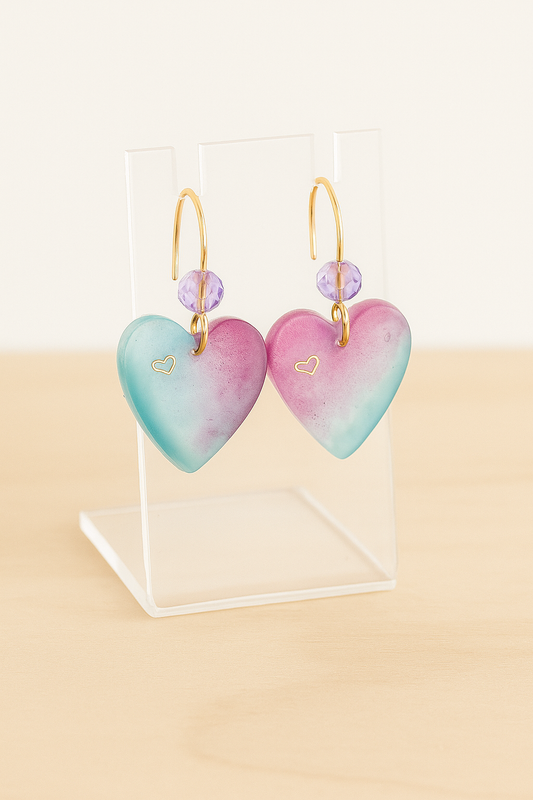 Heart Charm Resin Earrings with Purple Crystal Accent
