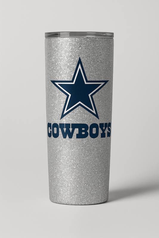 Cowboys Inspired Silver Glitter Tumbler – 20 oz