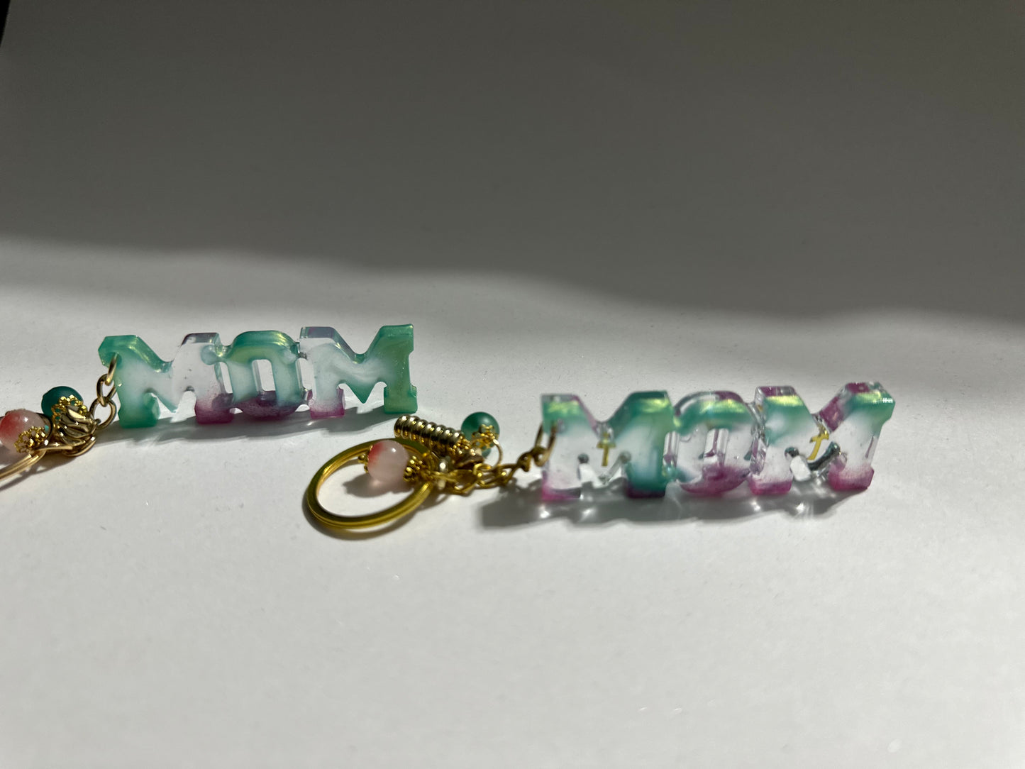 Handmade “MOM” Resin Keychain with Beaded Charms
