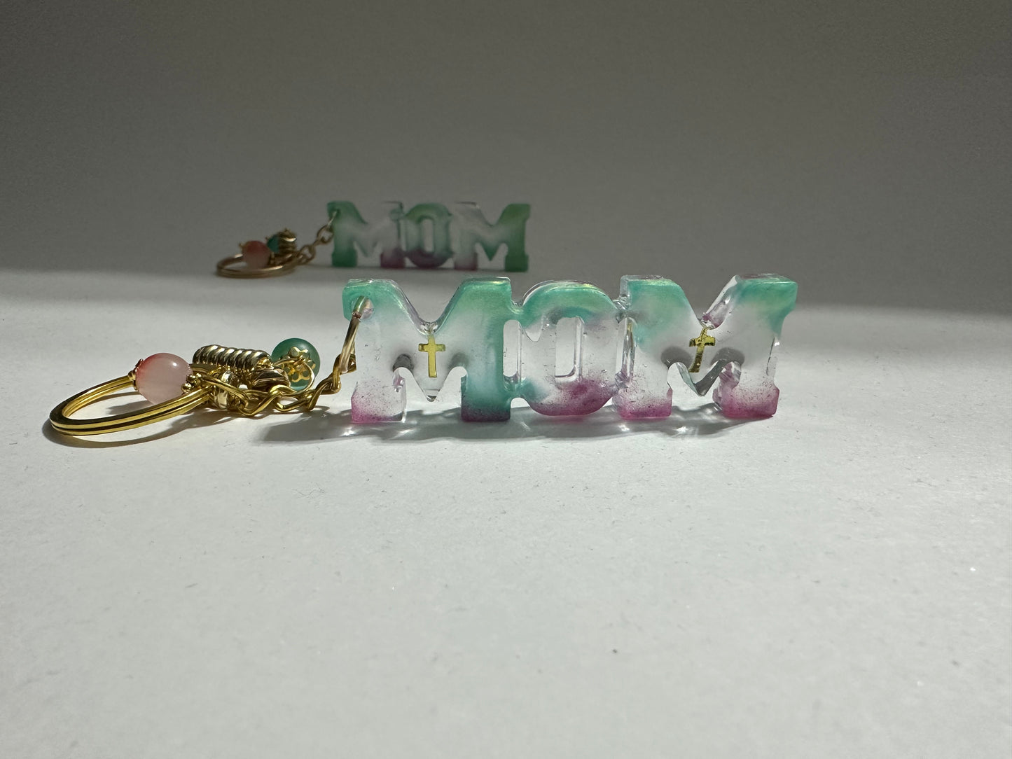 Handmade “MOM” Resin Keychain with Beaded Charms