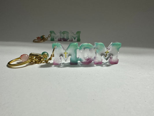 Handmade “MOM” Resin Keychain with Beaded Charms