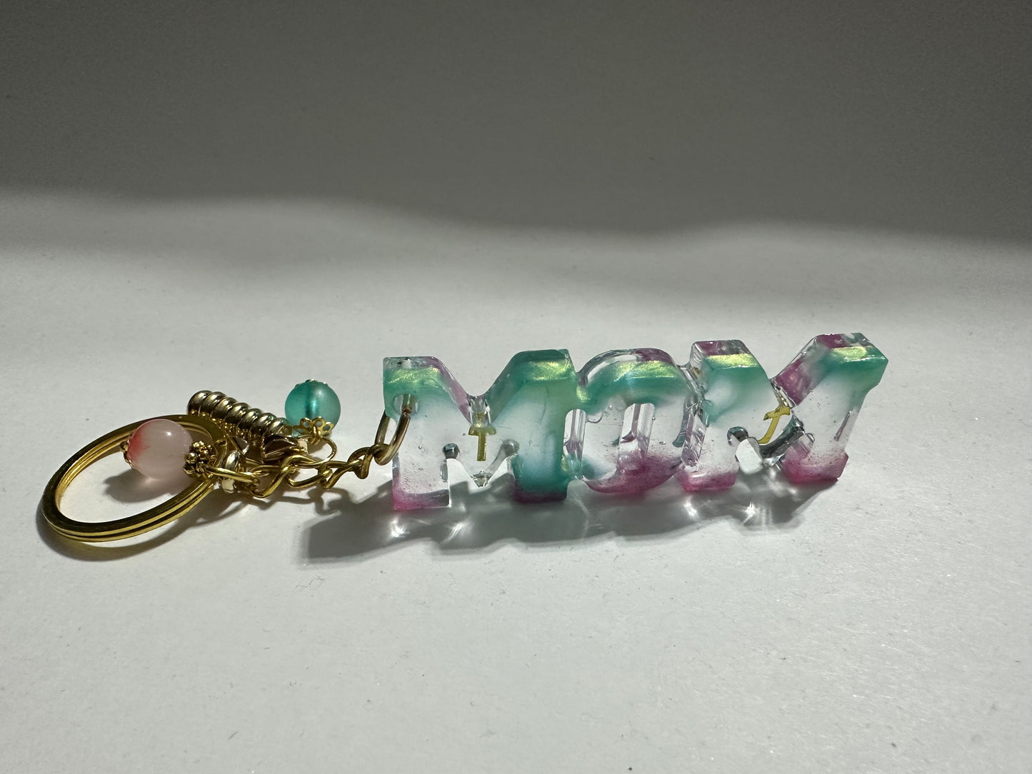 Handmade “MOM” Resin Keychain with Beaded Charms