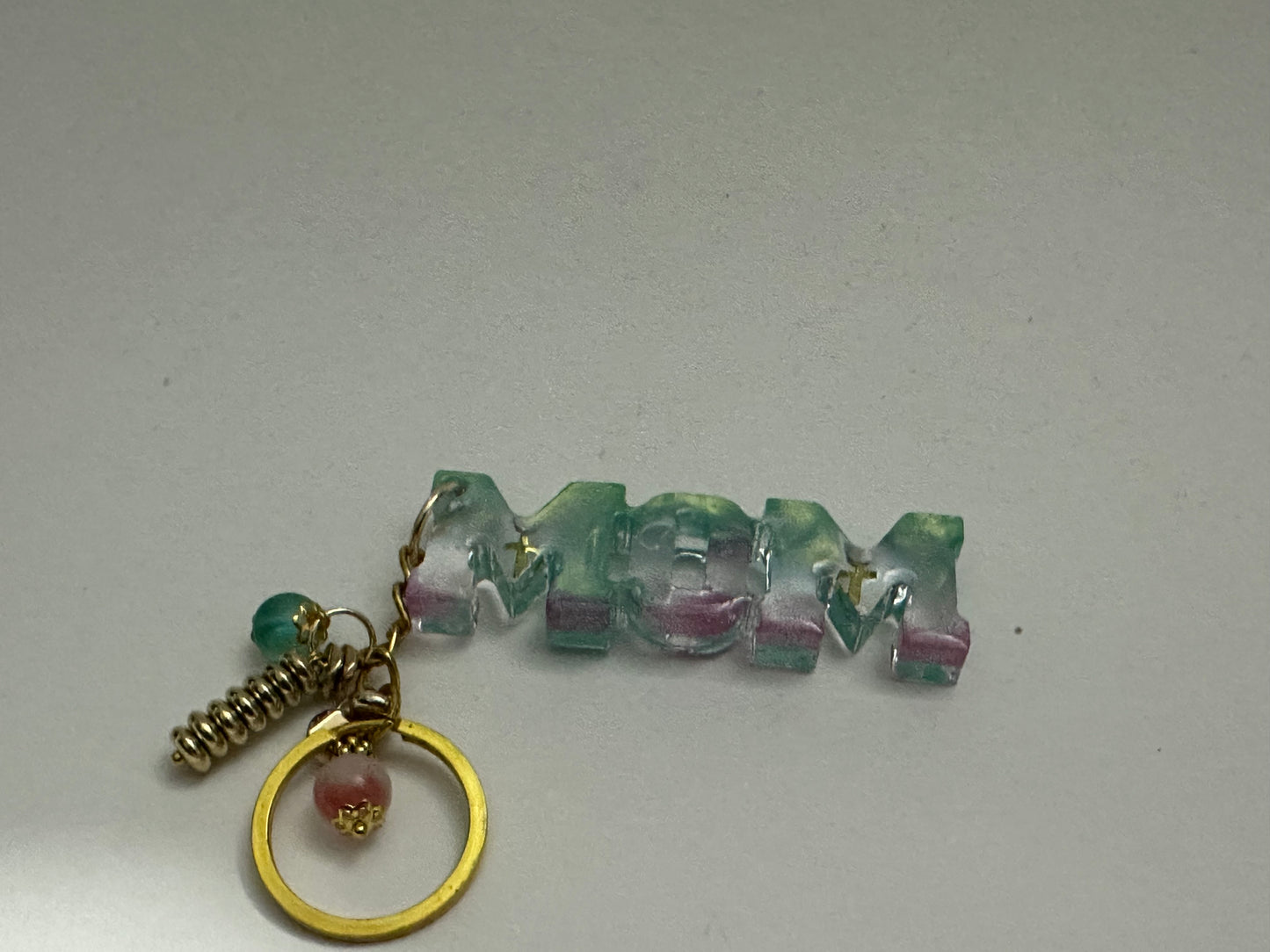 Handmade “MOM” Resin Keychain with Beaded Charms