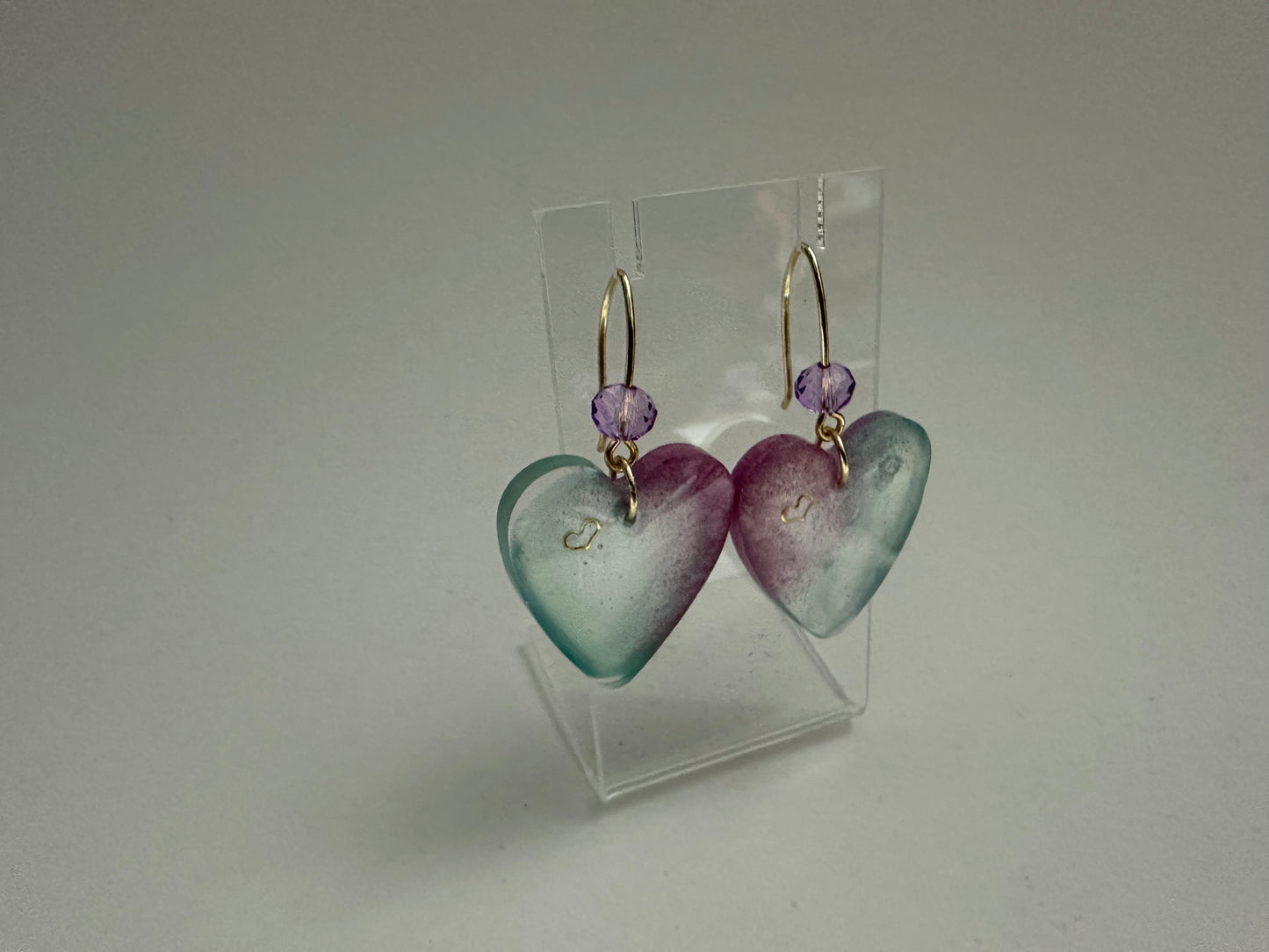 Heart Charm Resin Earrings with Purple Crystal Accent